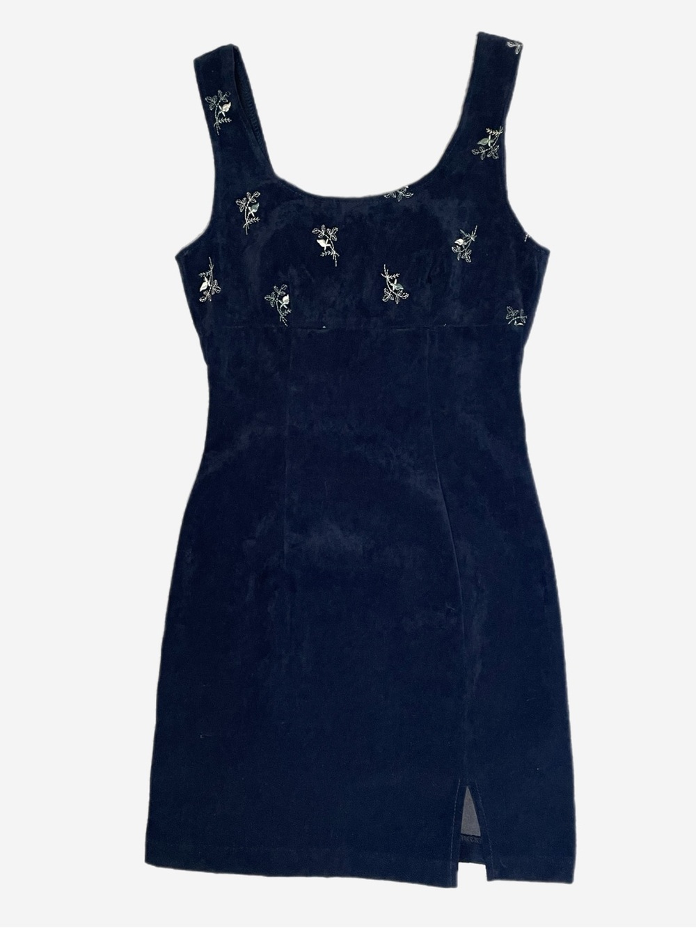 Vintage 90s 579 Blue faux suede floral embroidery mini dress fall whimsigoth XS - Picture 6 of 9
